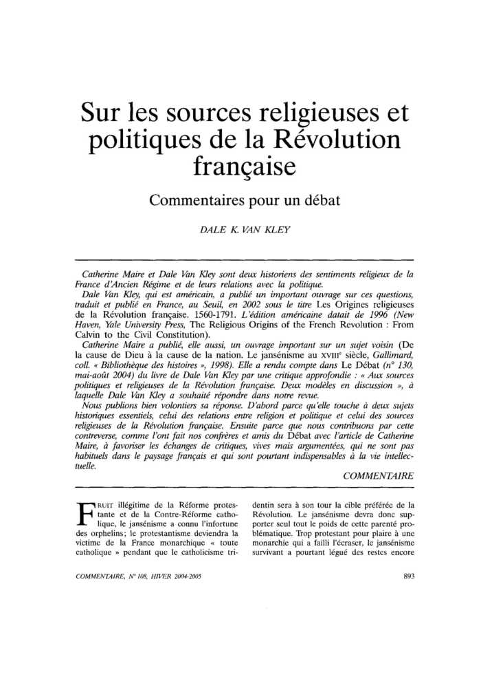 Sur les sources religieuses et politique de la Révolution française. Commentaires pour un débat
 – page 1