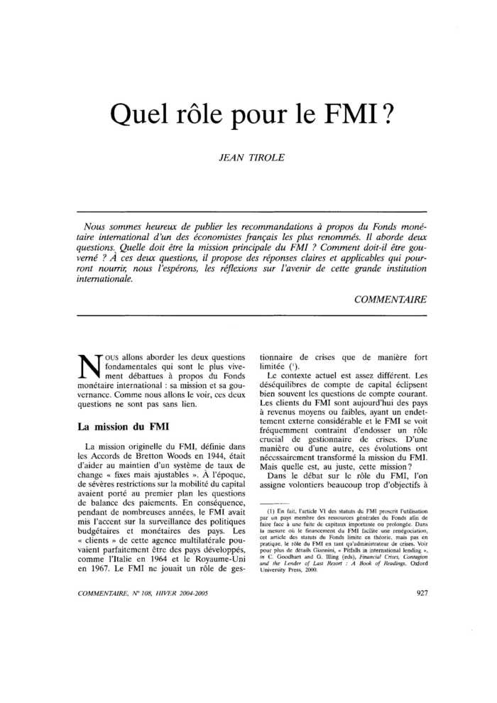 Quel rôle pour le FMI ?
 – page 1