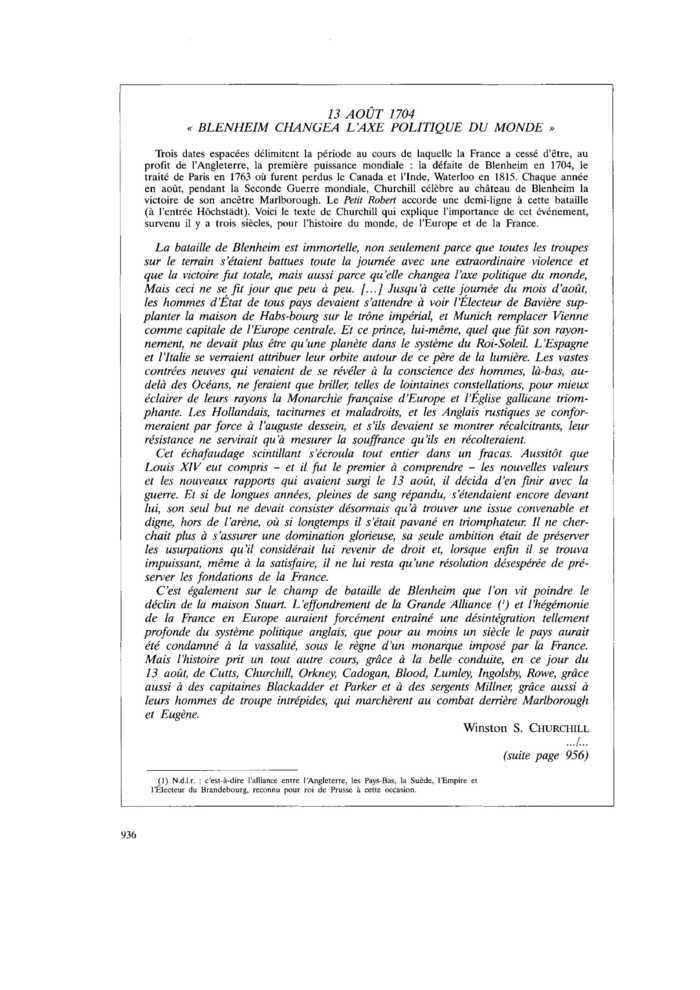 13 AOÛT 1704 « BLENHEIM CHANGEA L’AXE POLITIQUE DU MONDE »
 – page 1