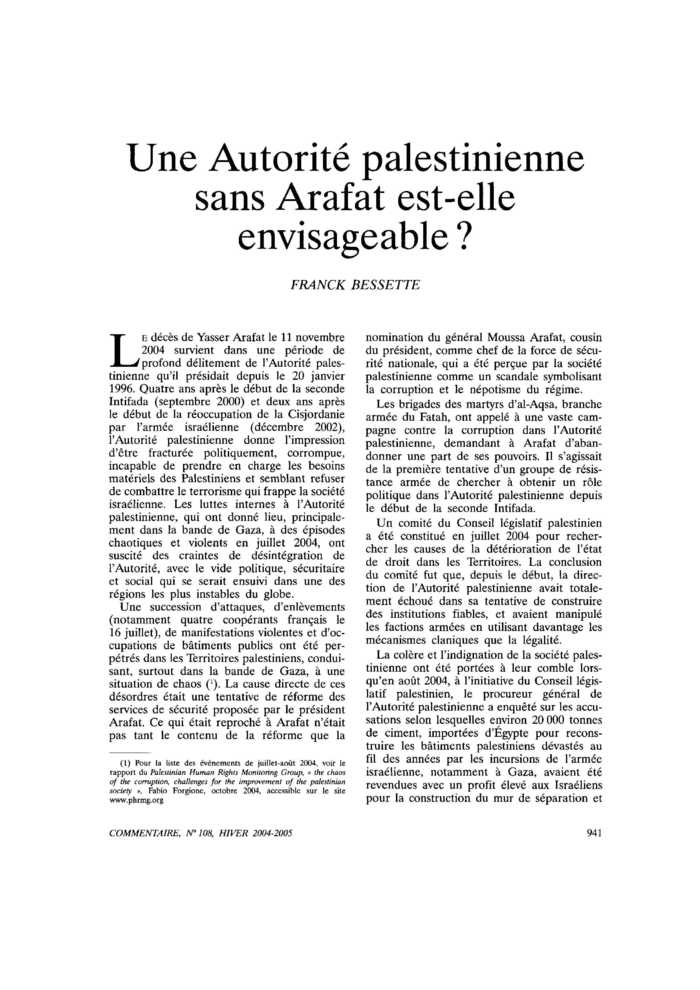 Une Autorité palestinienne sans Arafat est-elle envisageable ?
 – page 1
