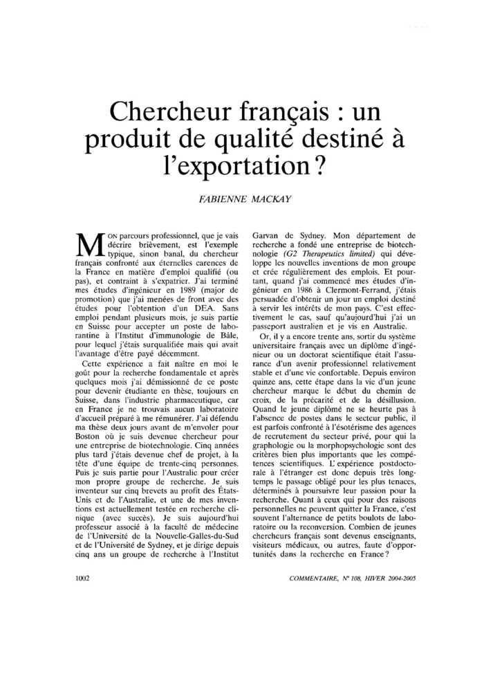 Chercheur français : un produit de qualité destiné à l’exportation ?
 – page 1
