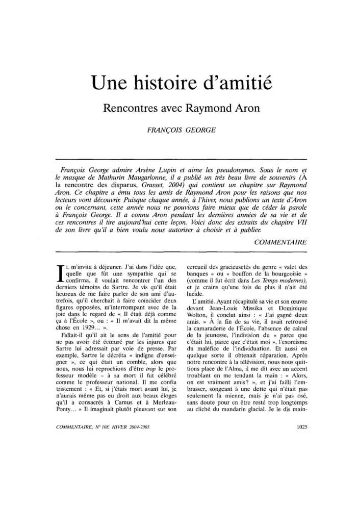 Une histoire d’amitié. Rencontres avec Raymond Aron
 – page 1