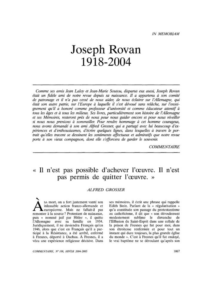 Joseph Rovan. 1918-2004. « Il n’est pas possible d’achever l’œuvre. Il n’est pas permis de quitter l’œuvre. »
 – page 1