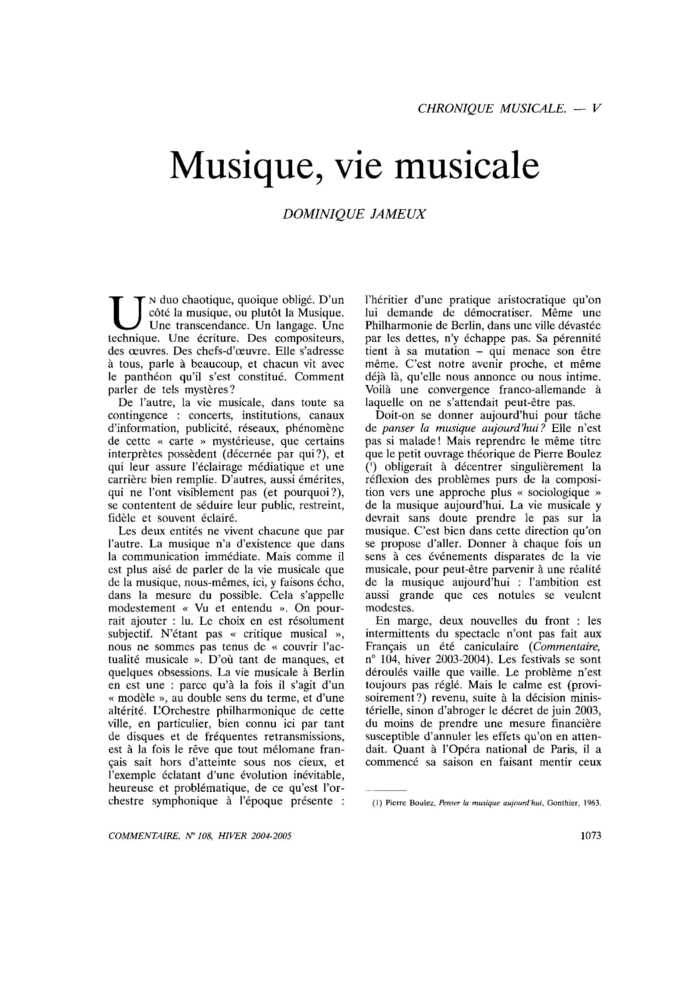 Musique, vie musicale
 – page 1