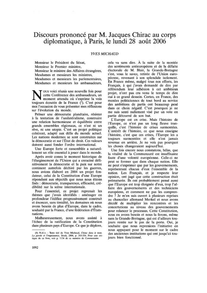 Discours prononcé par M. Jacques Chirac au corps diplomatique, à Paris, le lundi 28 août 2006
 – page 1
