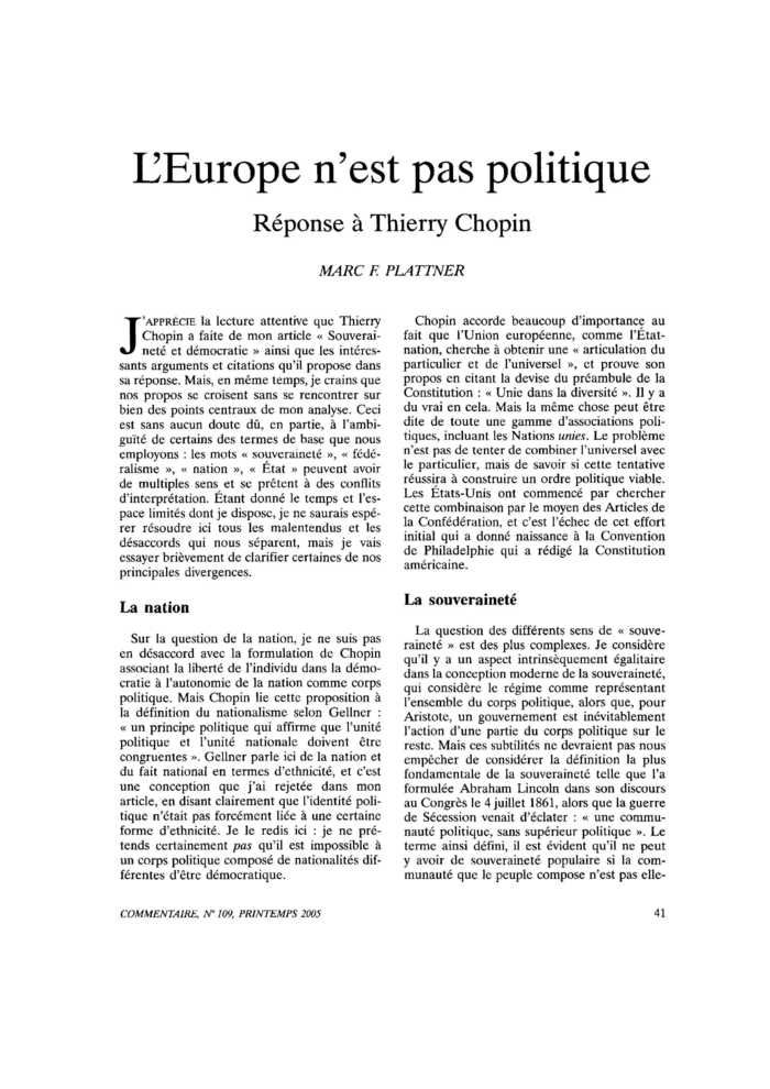 L’Europe n’est pas politique. Réponse à Thierry Chopin
 – page 1