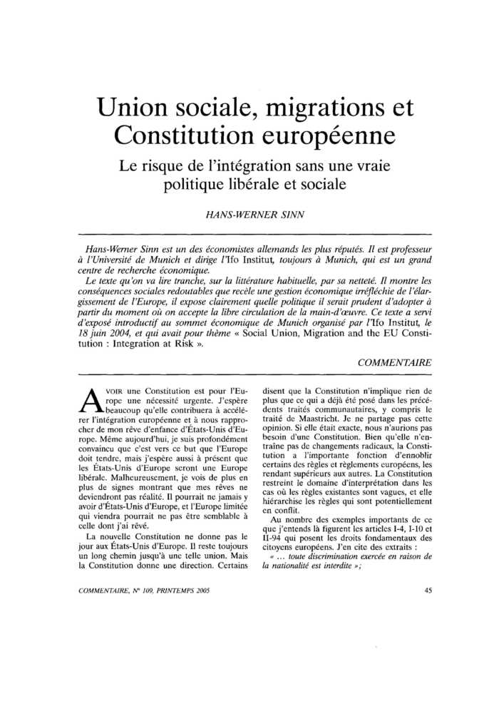 Union sociale, migrations et Constitution européenne. Le risque de l’intégration sans une vraie politique libérale et sociale
 – page 1