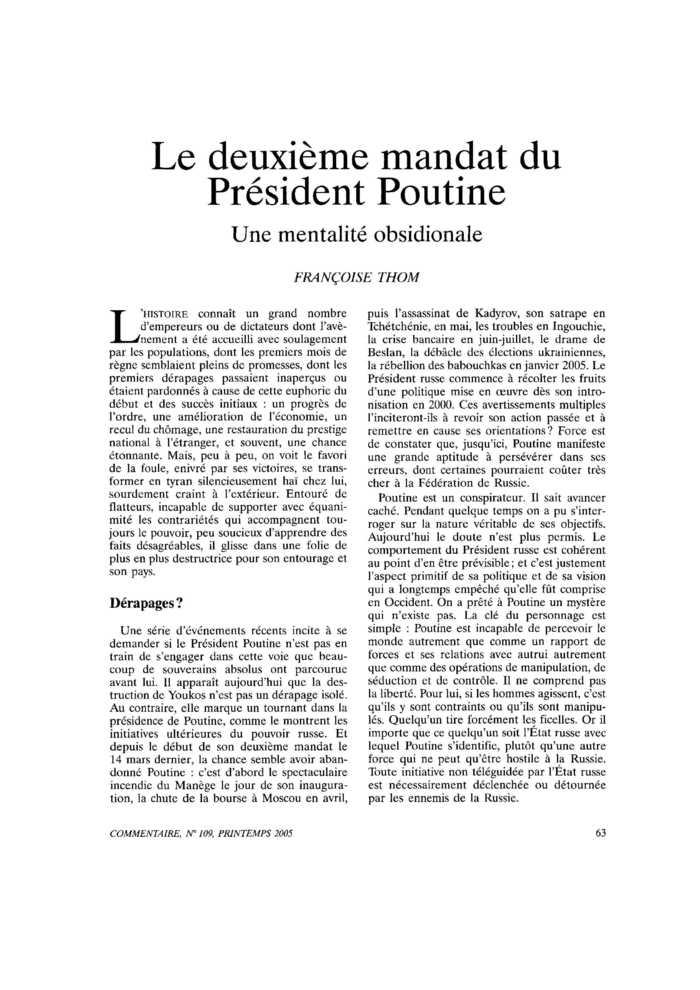 Le deuxième mandat du Présidant Poutine. Une mentalité obsidionale
 – page 1