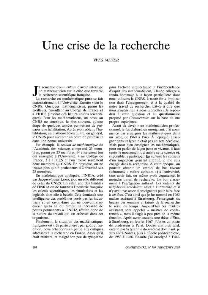 Une crise de la recherche
 – page 1