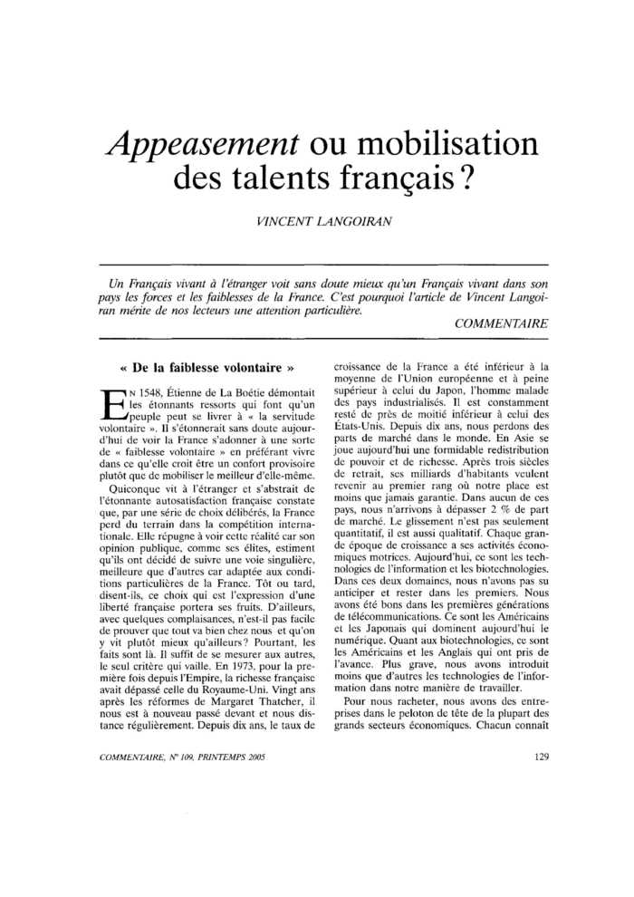Appeasement ou mobilisation des talents français ?
 – page 1