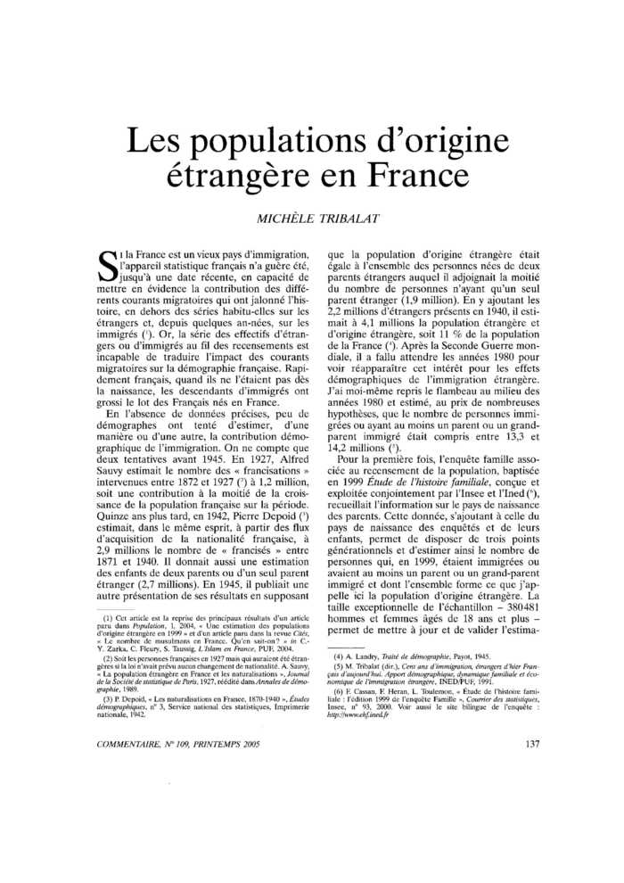 Les populations d’origine étrangère en France
 – page 1