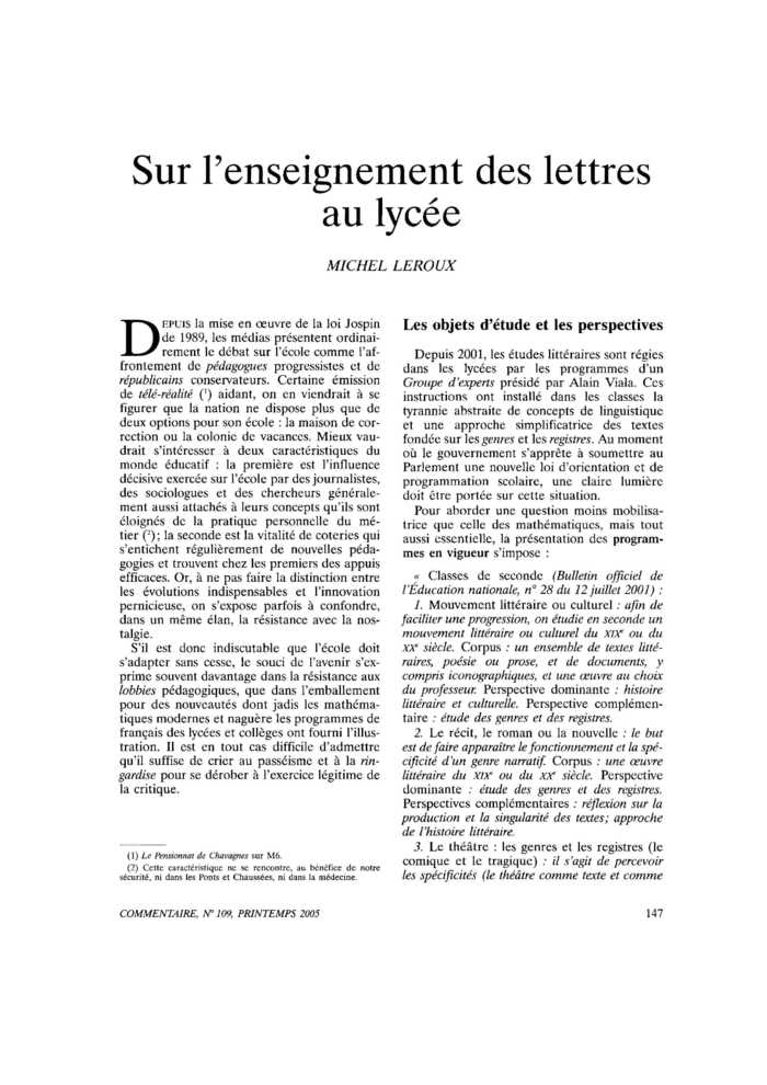 Sur l’enseignement des lettres au lycée
 – page 1