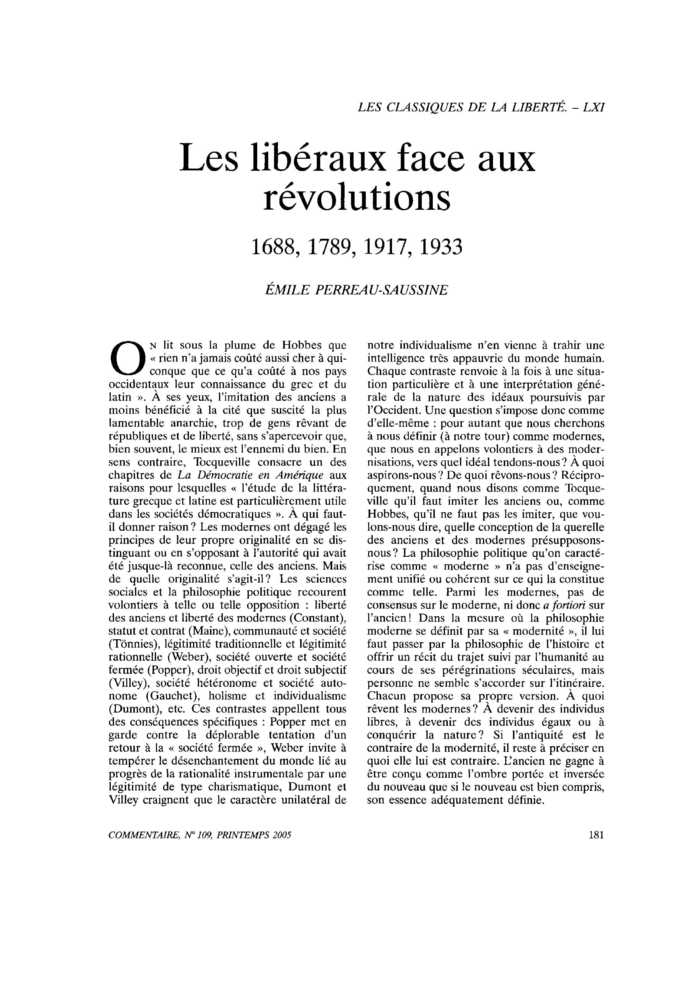 Les libéraux face aux révolutions 1688, 1789, 1917, 1933
 – page 1