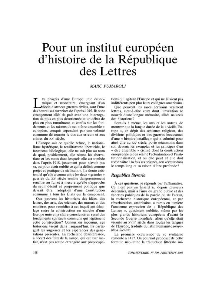 Pour un institut européen d’histoire de la République des Lettres
 – page 1