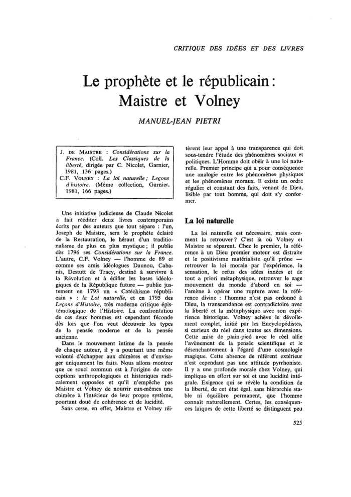 Le prophète et le républicain : Maistre et Volney
 – page 1