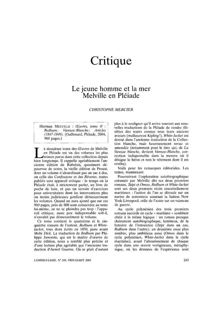 Le jeune homme et la mer. Melville en Pléiade
 – page 1