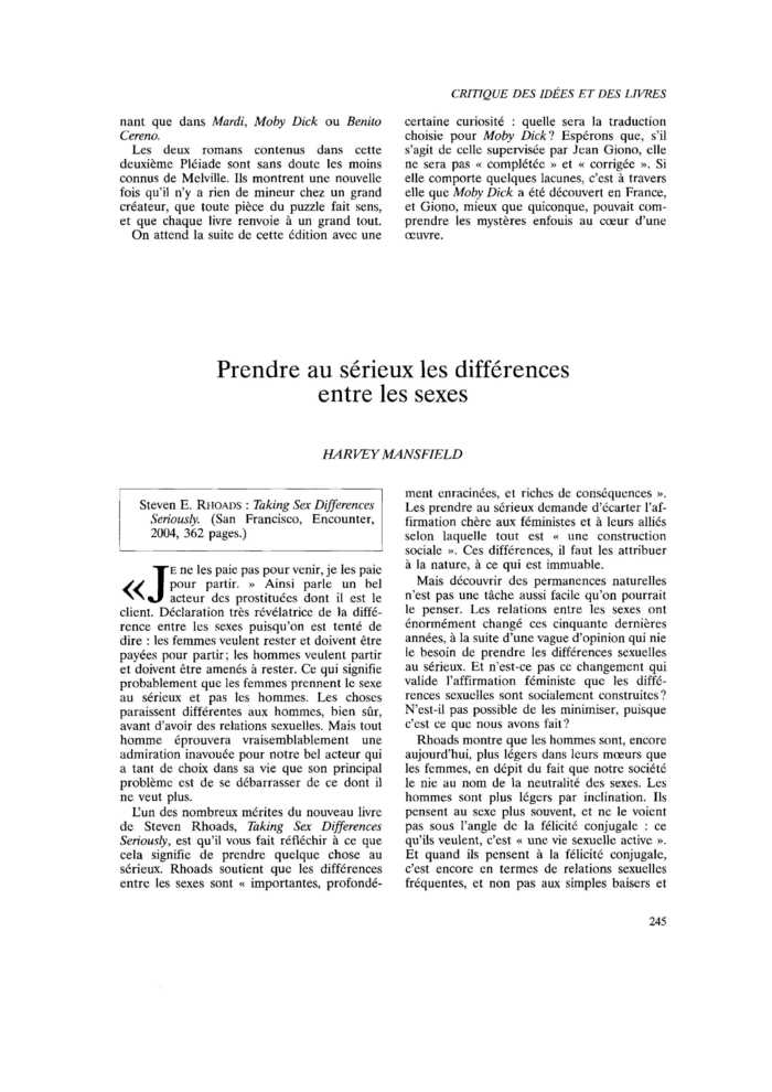 Prendre au sérieux les différences entre les sexes
 – page 1