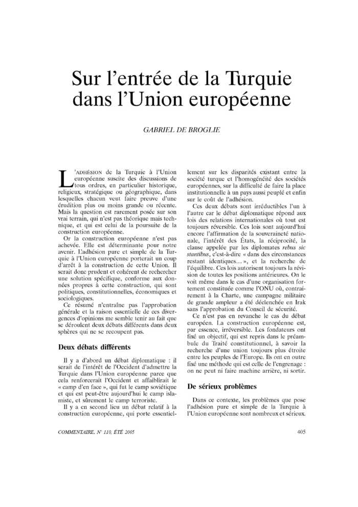 Sur l’entrée de la Turquie dans l’Union européenne
 – page 1