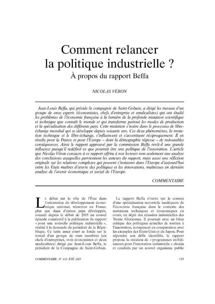 Comment relancer la politique industrielle ? À propos du rapport Beffa
 – page 1