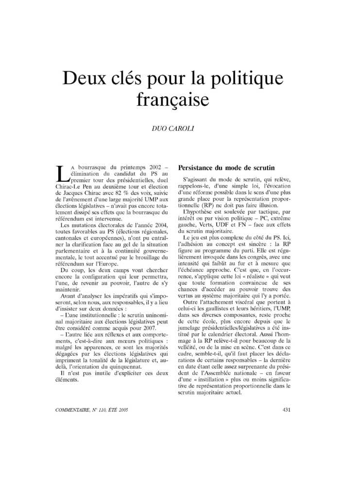 Deux clés pour la politique française
 – page 1