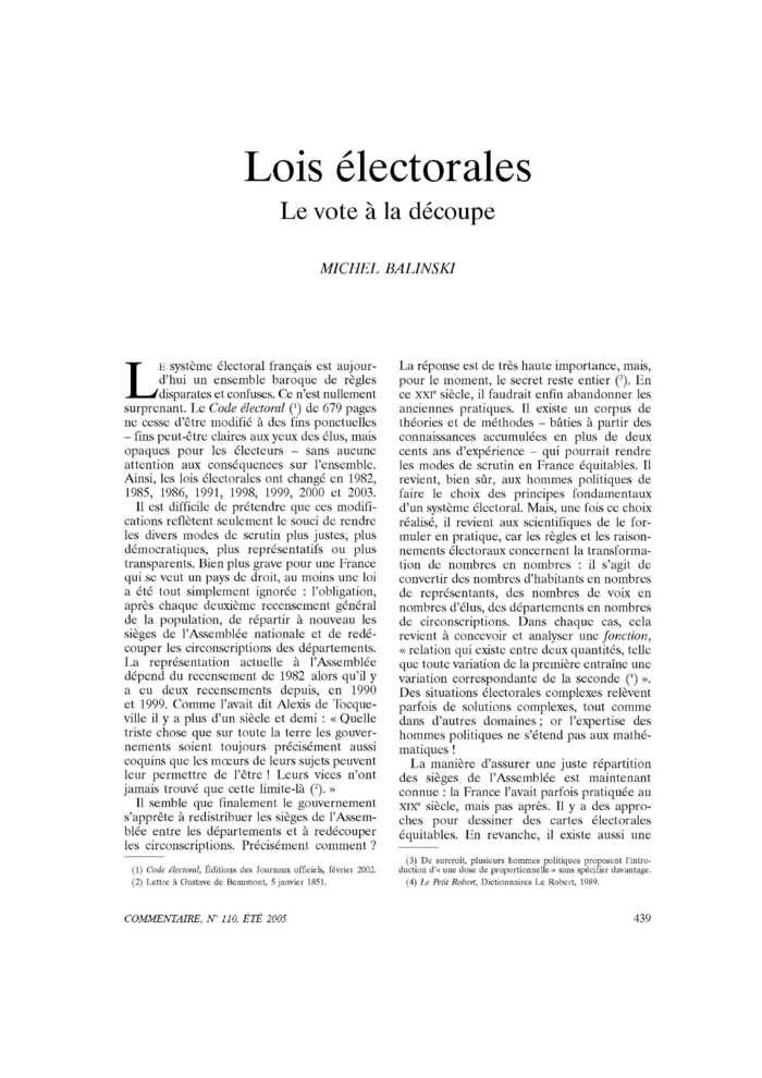 Lois électorales. Le vote à la découpe
 – page 1