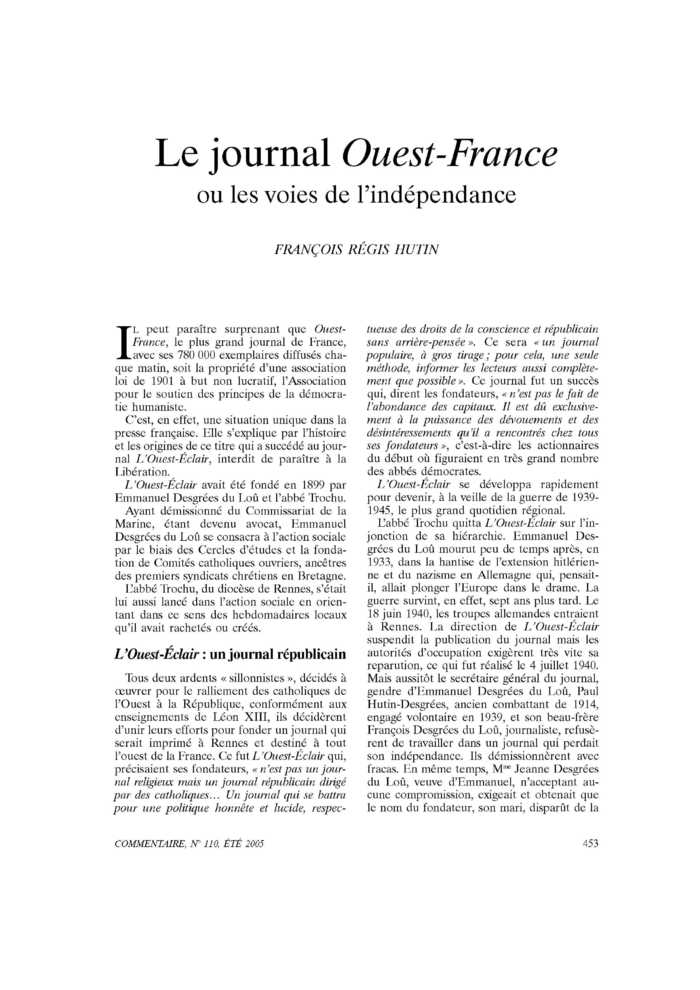 Le journal Ouest-France ou les voies de l’indépendance
 – page 1