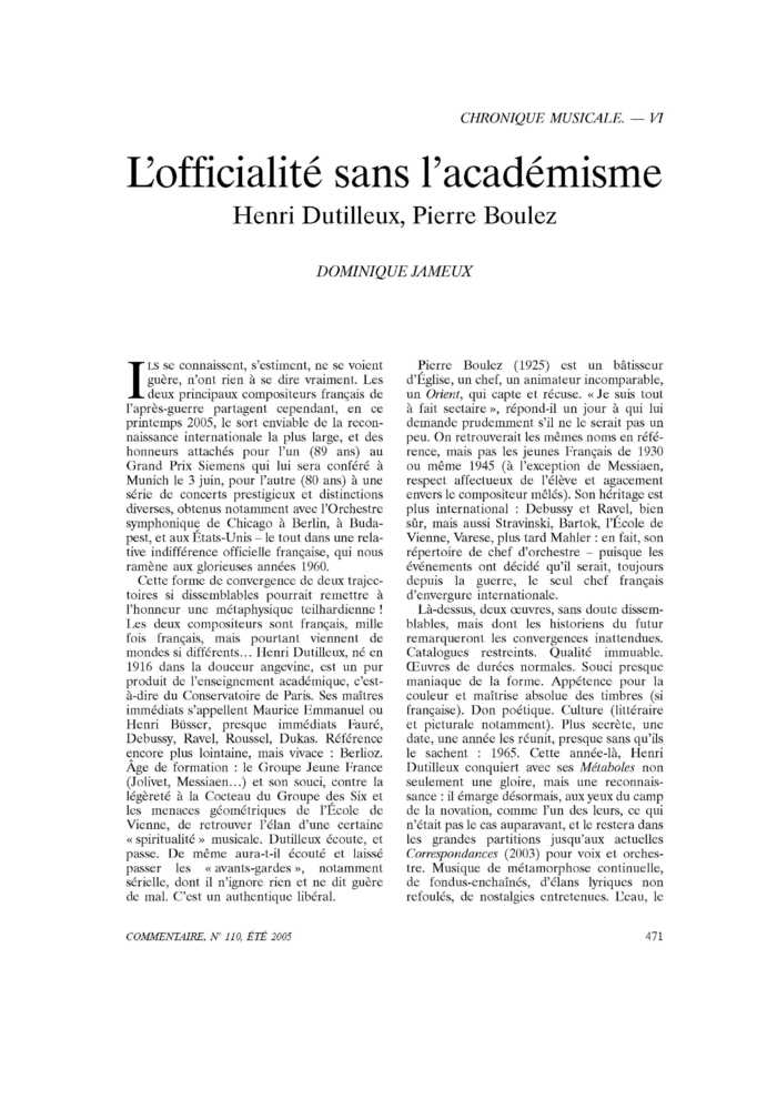 L’officialité sans l’académisme. Henri Dutilleux, Pierre Boulez
 – page 1