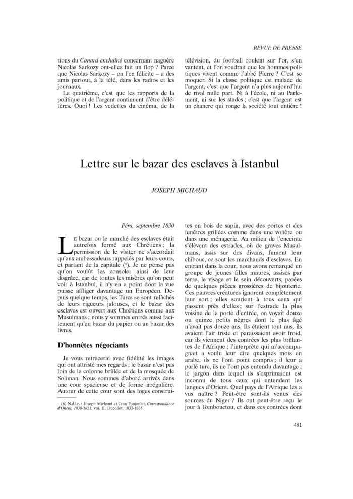 Lettre sur le bazar des esclaves à Istanbul
 – page 1