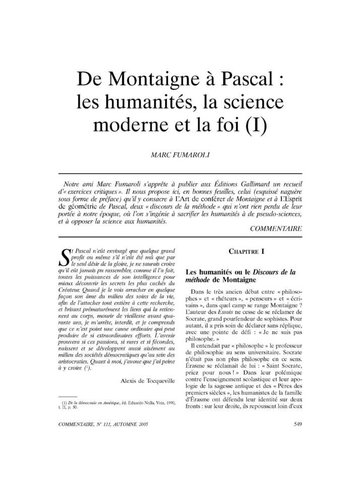 De Montaigne à Pascal : les humanités, la science moderne et la foi (I)
 – page 1