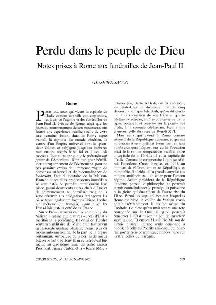 Perdu dans le peuple de Dieu. Notes prises à Rome aux funérailles de Jean-Paul II
 – page 1