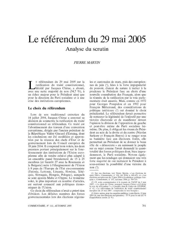 Le référendum du 29 mai 2005. Analyse du scrutin
 – page 1