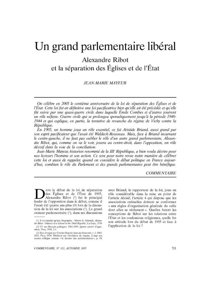 Un grand parlementaire libéral. Alexandre Ribot et la séparation des Églises et de l’État
 – page 1