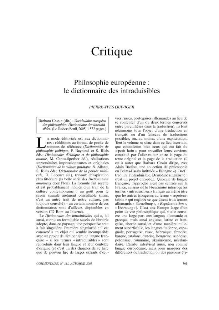 Philosophie européenne : le dictionnaire des intraduisibles
 – page 1