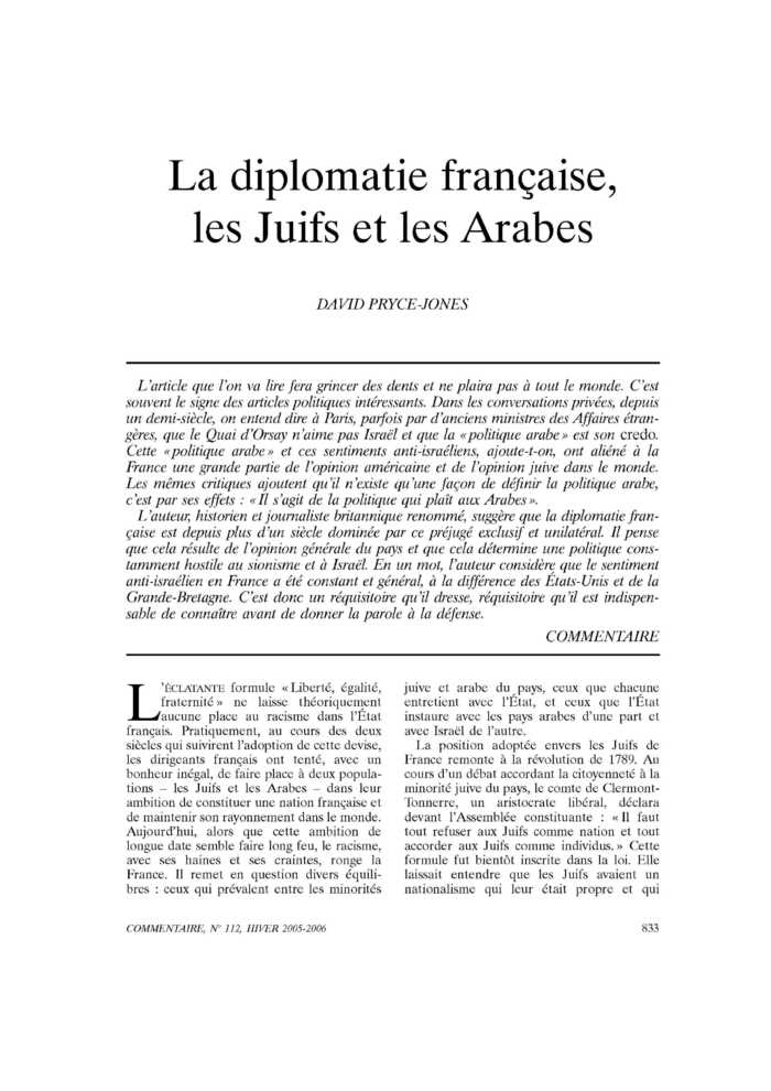 La diplomatie française, les Juifs et les Arabes
 – page 1