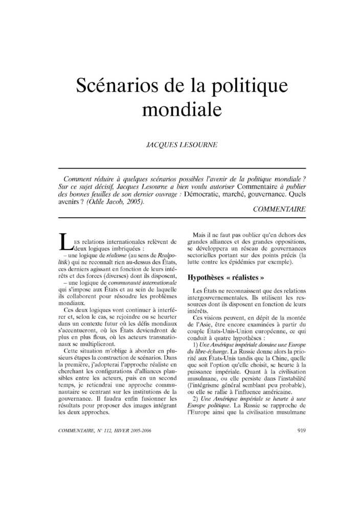 Scénarios de la politique mondiale
 – page 1