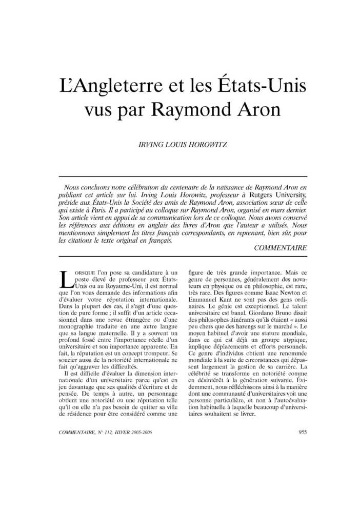 L’Angleterre et les États-Unis vus par Raymond Aron
 – page 1