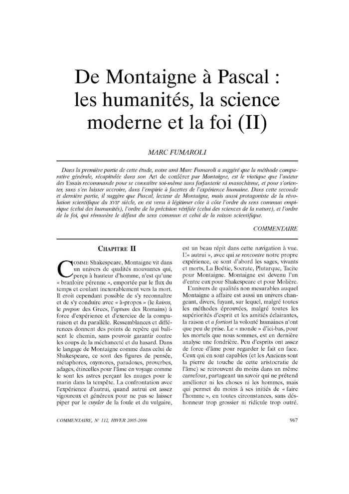 De Montaigne à Pascal : les humanités, la science moderne et la foi (II)
 – page 1