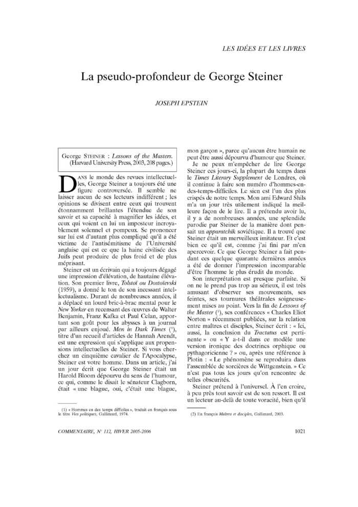 La pseudo-profondeur de George Steiner
 – page 1
