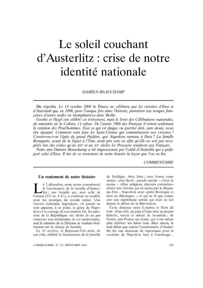 Le soleil couchant d’Austerlitz : crise de notre identité nationale
 – page 1