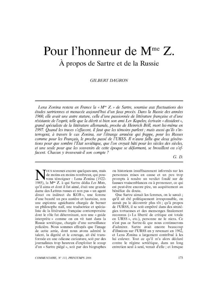 Pour l’honneur de Mme Z.. À propos de Sartre et de la Russie
 – page 1