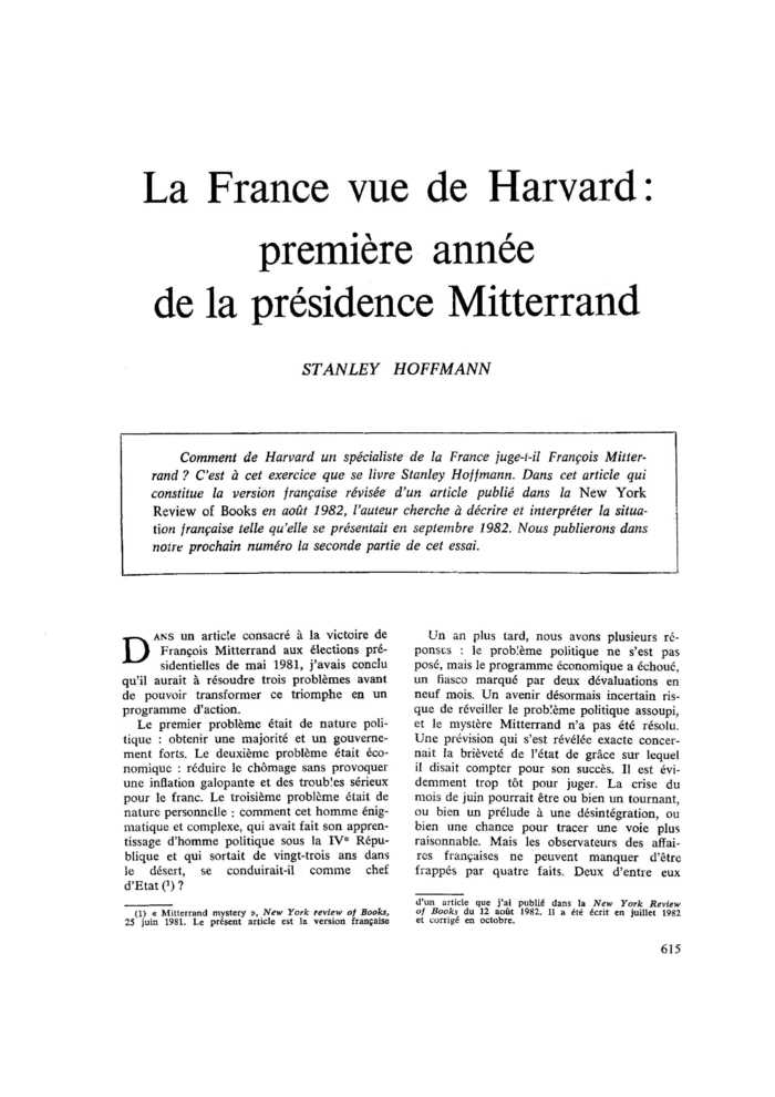 La France vue de Harvard : première année de la présidence Mitterrand
 – page 1