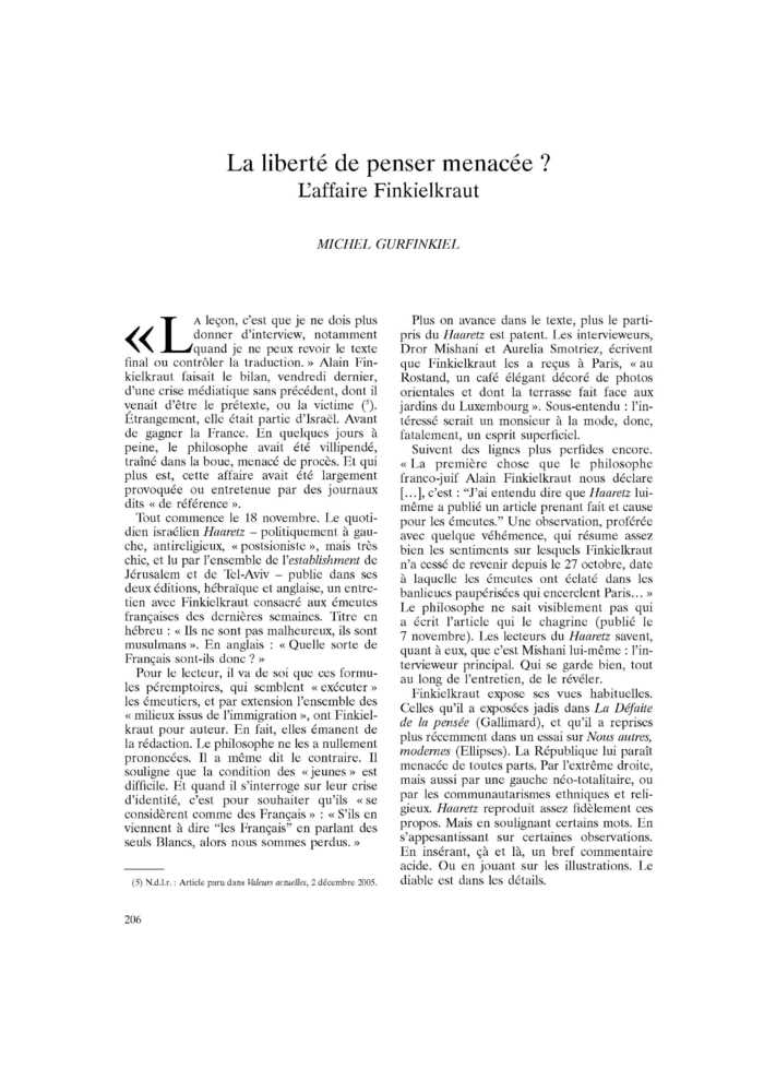 La liberté de penser menacée ? L’affaire Finkielkraut
 – page 1