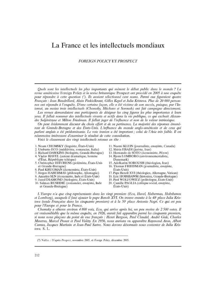 La France et les intellectuels mondiaux
 – page 1