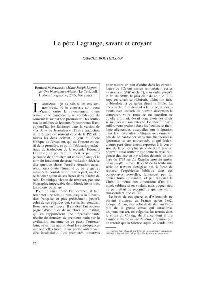 Le père Lagrange, savant et croyant
 – page 1