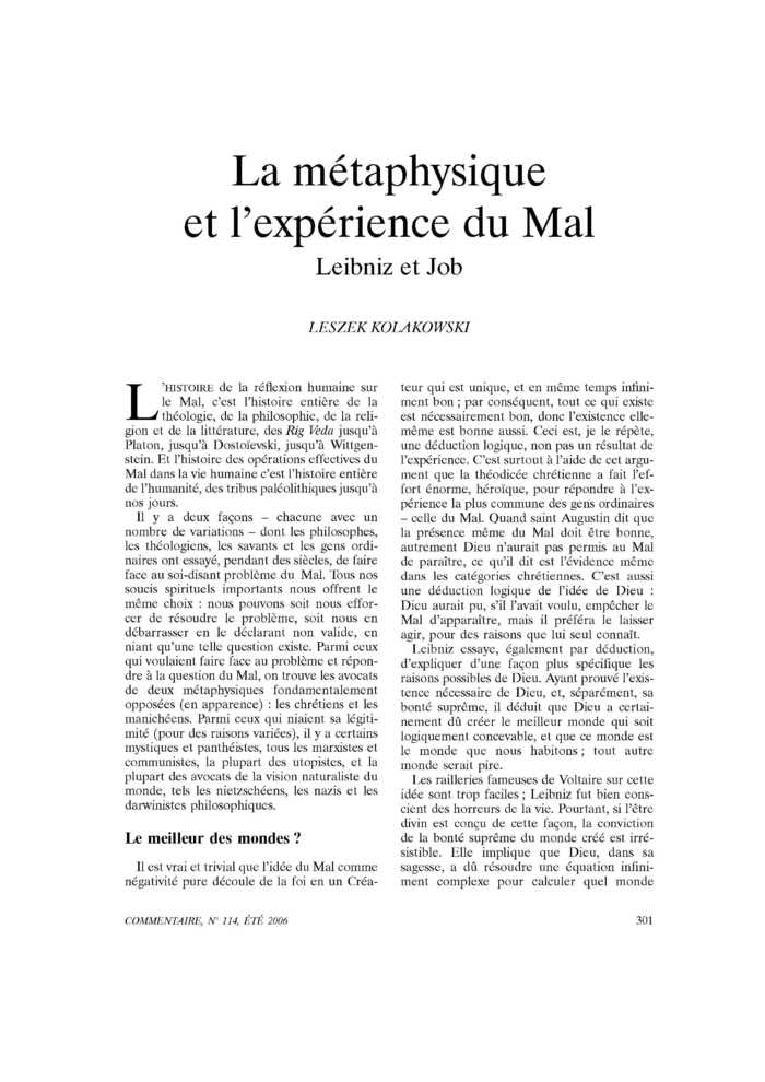 La métaphysique et l’expérience du Mal. Leibniz et Job
 – page 1