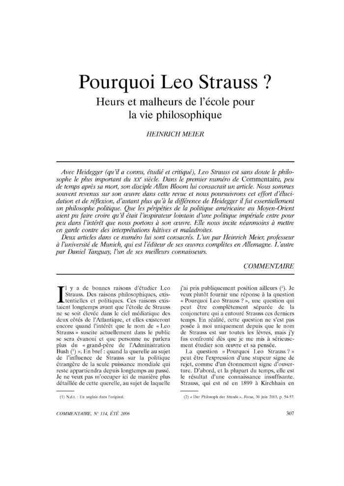 Pourquoi Léo Strauss ? Heurs et malheurs de l’école pour la vie philosophique
 – page 1