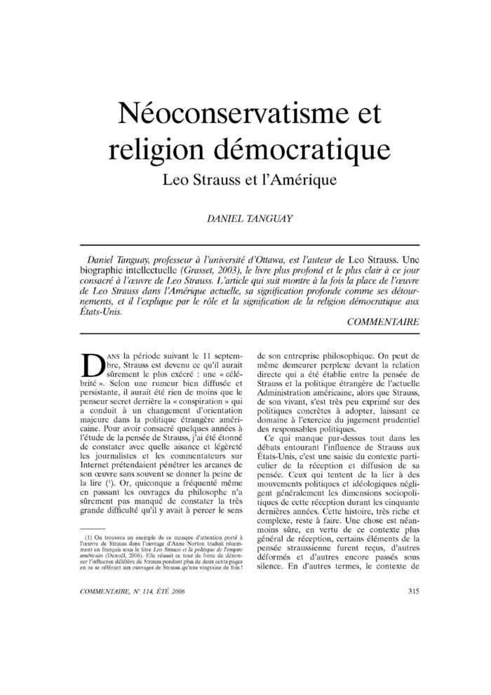 Néoconservatisme et religion démocratique. Léo Strauss et l’Amérique
 – page 1