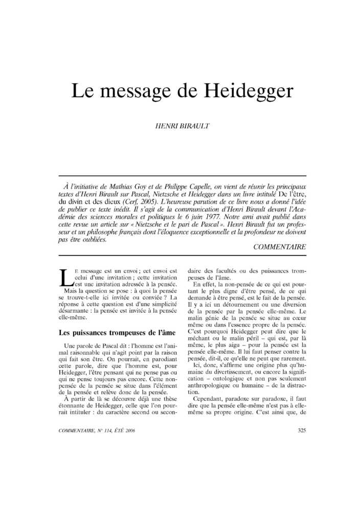 Le message de Heidegger
 – page 1