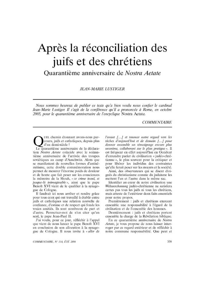 Après la réconciliation des juifs et des chrétiens. Quarantième anniversaire de Nostra Aetate
 – page 1