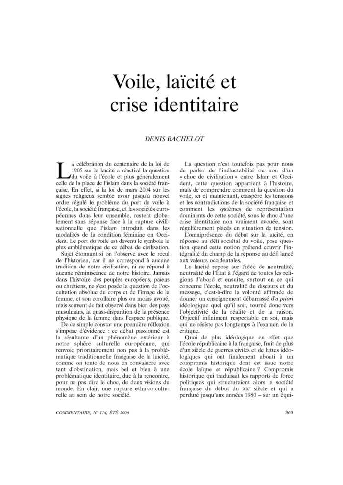 Voile, laïcité et crise identitaire
 – page 1